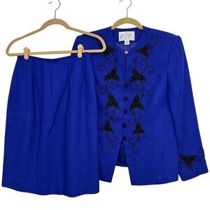 Lord‎ & Taylor Petites Royal Blue Floral Beaded Skirt Suit Women Size 6